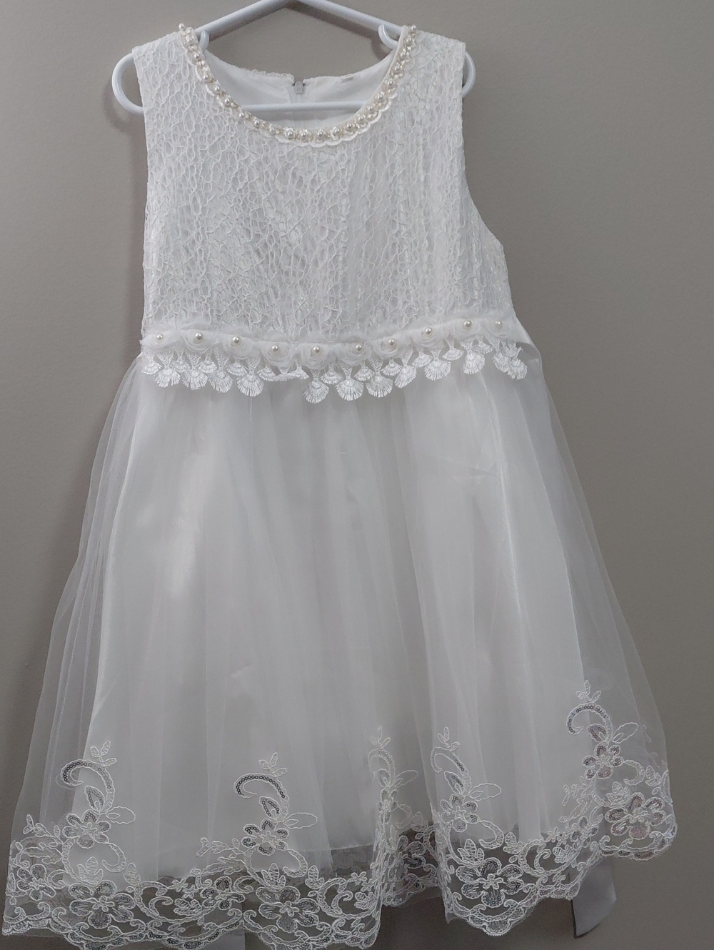White Lace Flower Girl Dress with Pearl Accents